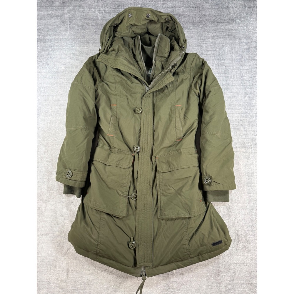 Roots Jacket Womens Large Green Down Filled Parka Hooded Long Utility Feild